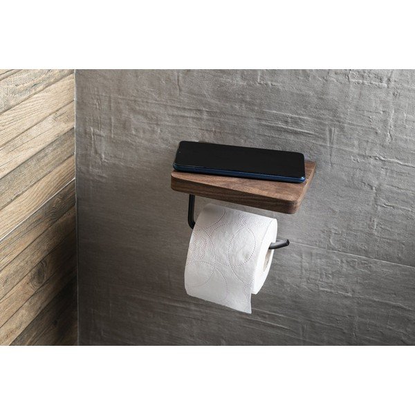 Rjavo leseno stensko držalo za toaletni papir s polico – Sapho-image-2