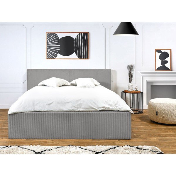 Svetlo siva oblazinjena zakonska postelja s prostorom za shranjevanje in letvenim dnom 160x200 cm Nihad – Bobochic Paris-image-2