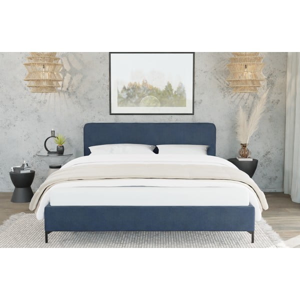 Temno modra oblazinjena postelja z letvenim dnom 90x200 cm Barker – Ropez-image-1
