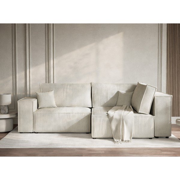 Kremno bela raztegljiva/s prostorom za shranjevanje kotna sedežna garnitura iz rebrastega žameta (desni kot/v obliki črke L) Tonga – Maison de Rêve-image-1