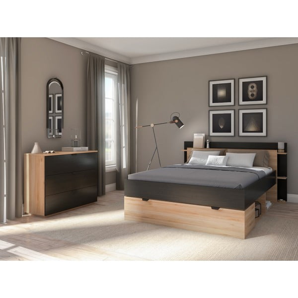 Črna/naravna komoda v hrastovem dekorju 100x80x40 cm Dennis – Marckeric-image-1