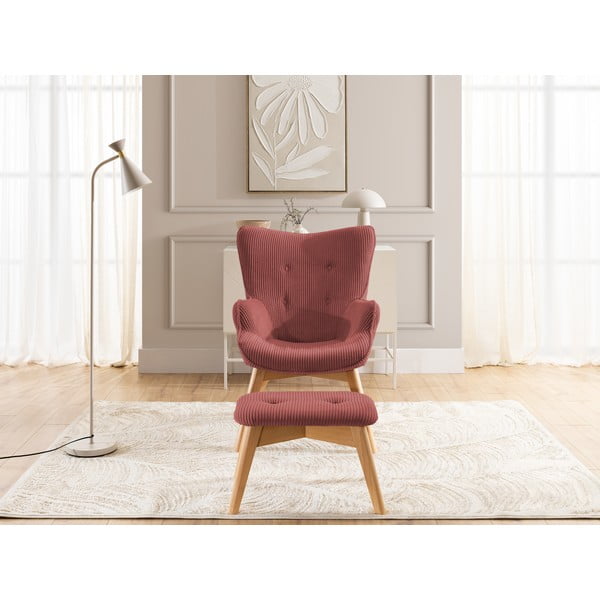 Rdeč fotelj z naslonjalom za noge iz rebrastega žameta Niko – Ropez-image-1