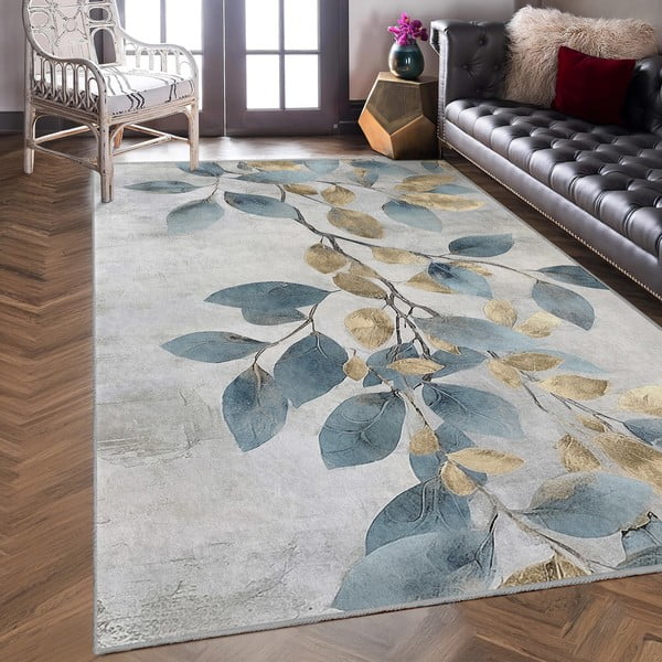 Svetlo modra/zlata pralna preproga 120x180 cm Golden Leaves – Mila Home-image-3