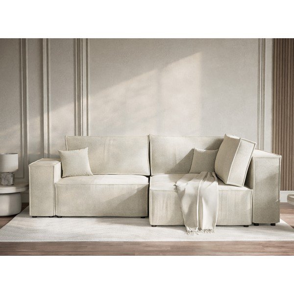 Kremno bela raztegljiva/s prostorom za shranjevanje kotna sedežna garnitura iz šenilje (desni kot/v obliki črke L) Tonga – Maison de Rêve-image-1
