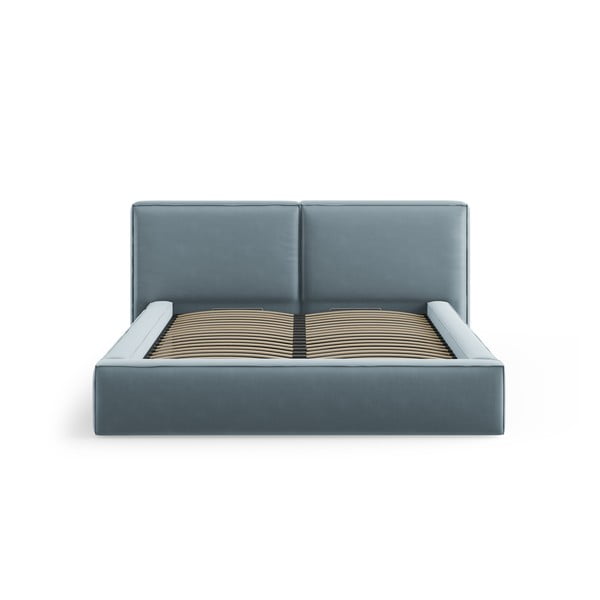 Svetlo modra žametna oblazinjena zakonska postelja s prostorom za shranjevanje in z letvenim dnom 180x200 cm Arendal – Cosmopolitan Design-image-3