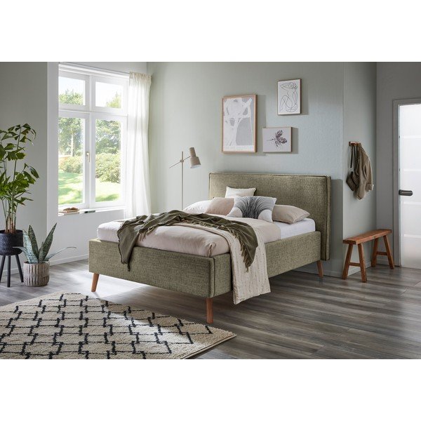 Temno zelena oblazinjena zakonska postelja s prostorom za shranjevanje z letvenim dnom 140x200 cm Riva – Meise Möbel-image-1