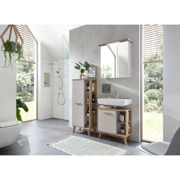 Kremno bela visoka kopalniška omarica v hrastovem dekorju 50,5x128 cm Quickset 966 – Pelipal-image-3