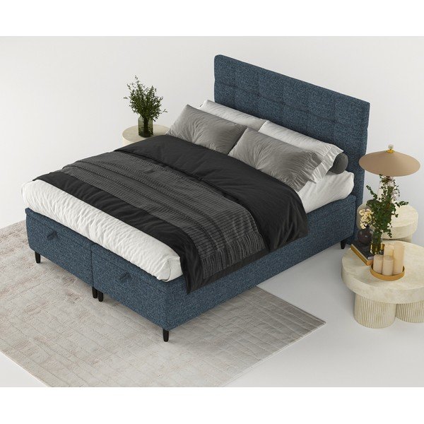 Temno modra oblazinjena zakonska postelja s prostorom za shranjevanje 180x200 cm Senses – Maison de Rêve-image-3