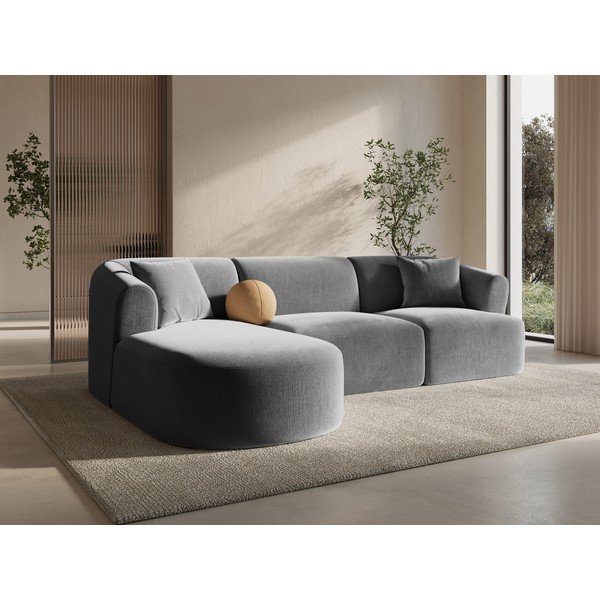 Svetlo siva žametna kotna sedežna garnitura (levi kot/z ležalnikom) Campi – Cosmopolitan Design-image-1