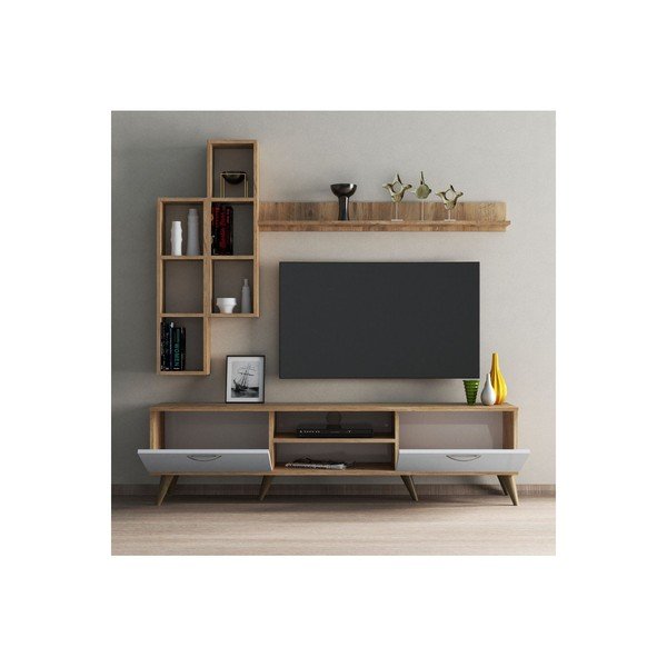 Televizijski komplet v borovem dekorju v beli in naravni barvi 180x48 cm Veronica - Kalune Design-image-3