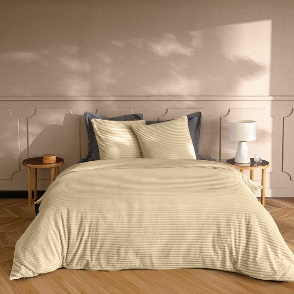Bež 3-delna flanelna posteljnina za zakonsko posteljo/podaljšana 240x220 cm Veloutea – douceur d'intérieur-image-1
