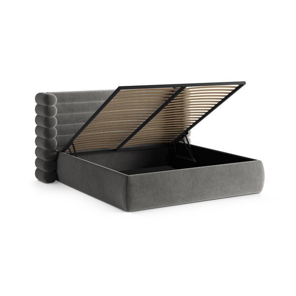 Siva oblazinjena zakonska postelja s prostorom za shranjevanje in z letvenim dnom 160x200 cm Mount – Micadoni -image-2