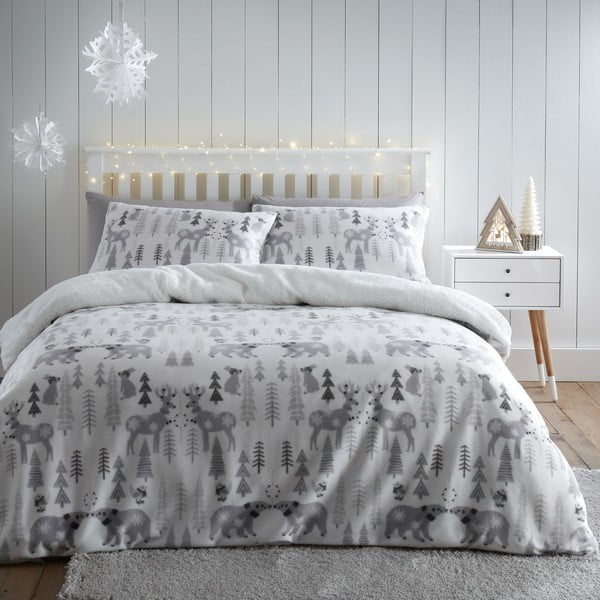 Bela/siva posteljnina za zakonsko posteljo iz mikropliša 200x200 cm Winter Wonderland – Catherine Lansfield