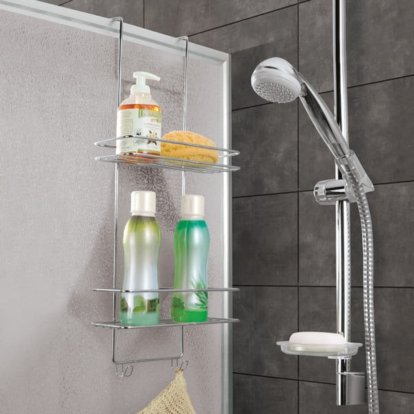 Jeklena viseča kopalniška polica v sijajno srebrni barvi z namestitvijo brez vrtanja Luxy – Metaltex-image-1