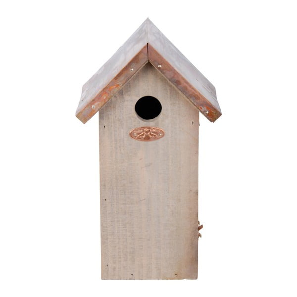 Ptičja hišica iz borovega lesa z bakreno streho Esschert Design Antik, višina 30 cm