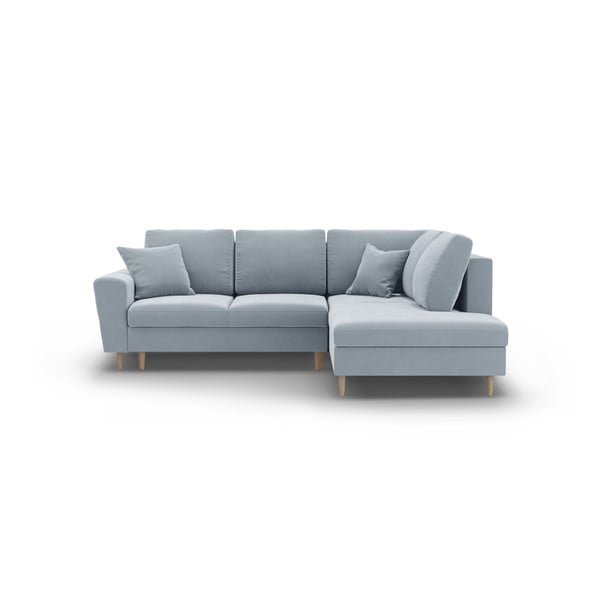 Svetlo modra žametna raztegljiva kotna sedežna garnitura s prostorom za shranjevanje (desni kot/v obliki črke L) Kyoto – Cosmopolitan Design