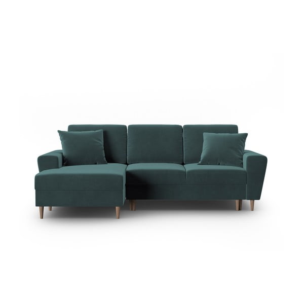 Modrozelena žametna raztegljiva kotna sedežna garnitura s prostorom za shranjevanje (levi kot/z ležalnikom) Kyoto – Cosmopolitan Design