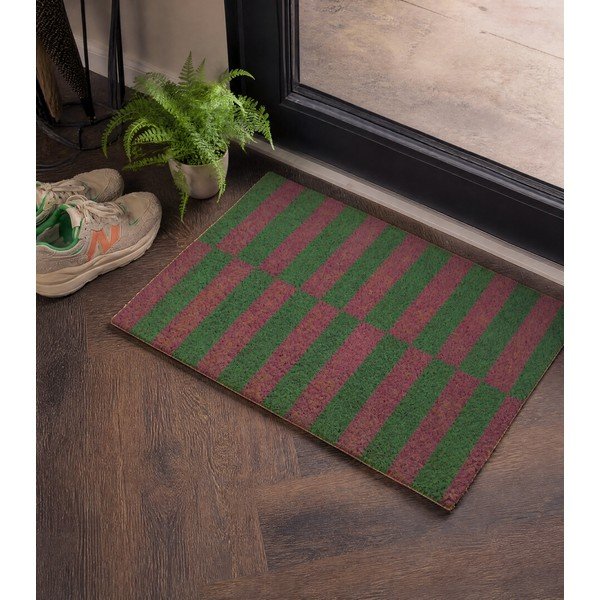Predpražnik iz kokosovih vlaken 40x60 cm Pink & Green Half Stripes – Artsy Doormats-image-1