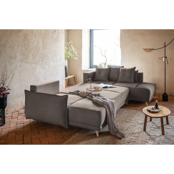 Svetlo rjava raztegljiva kotna sedežna garnitura iz rebrastega žameta (desni kot/v obliki črke "U") Lazy Lukka – Miuform-image-4