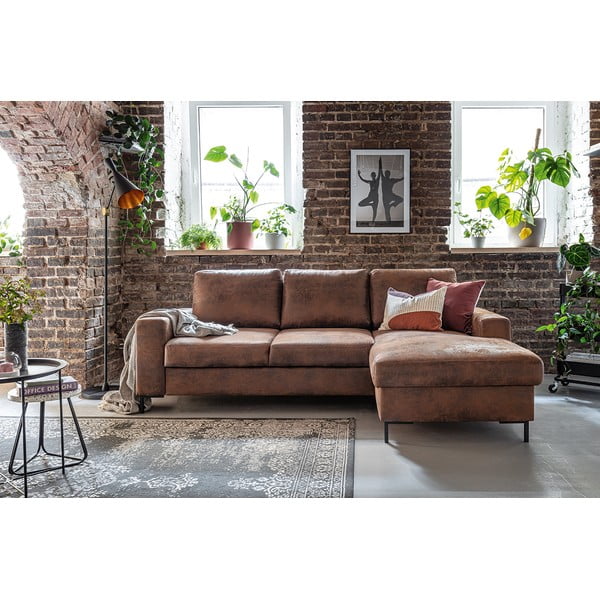 Rjava kotna raztegljiva sedežna garnitura iz umetnega usnja Miuform Lofty Lilly Vintage, desni kot-image-4