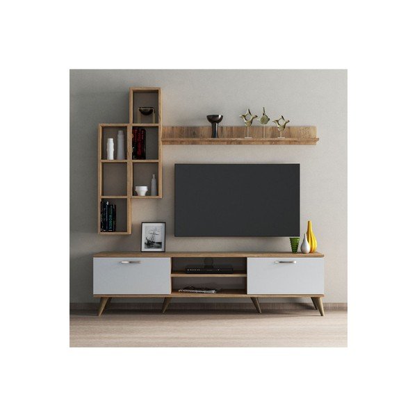 Televizijski komplet v borovem dekorju v beli in naravni barvi 180x48 cm Veronica - Kalune Design-image-2