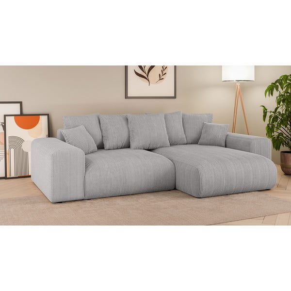 Svetlo siva raztegljiva kotna sedežna garnitura iz rebrastega žameta s prostorom za shranjevanje (s kotom po izbiri) Luma – Ropez-image-1