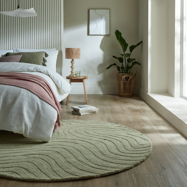 Kaki zelena ročno tkana volnena okrogla preproga ø 160 cm Mesmerise Sage – Flair Rugs-image-1