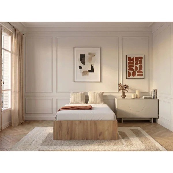 Postelja iz iverne plošče s prostorom za shranjevanje/brez vzglavja z letvenim dnom 90x190 cm v svetli naravni barvi Nira – Bobochic Paris-image-1