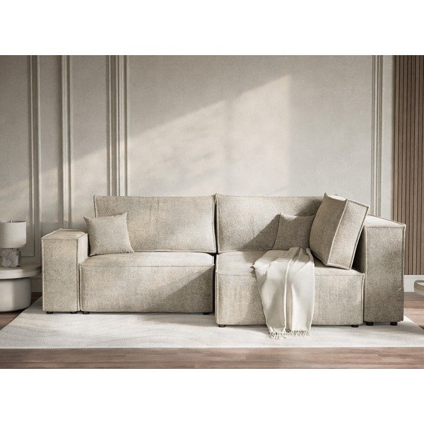 Bež raztegljiva/s prostorom za shranjevanje kotna sedežna garnitura iz šenilje (desni kot/v obliki črke L) Tonga – Maison de Rêve-image-1