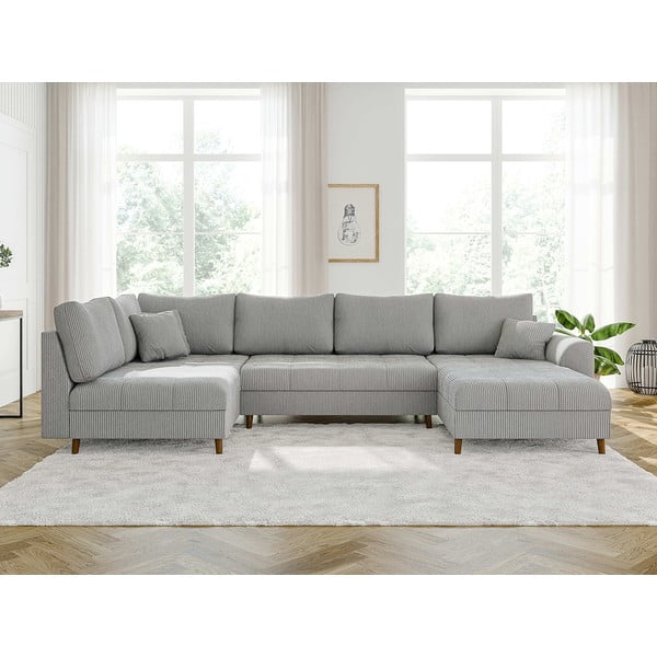 Svetlo siva kotna sedežna garnitura iz rebrastega žameta (desni kot/v obliki črke "U") Ariella – Ropez-image-1