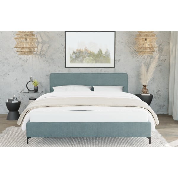 Svetlo modra oblazinjena zakonska postelja z letvenim dnom 200x200 cm Barker – Ropez-image-3