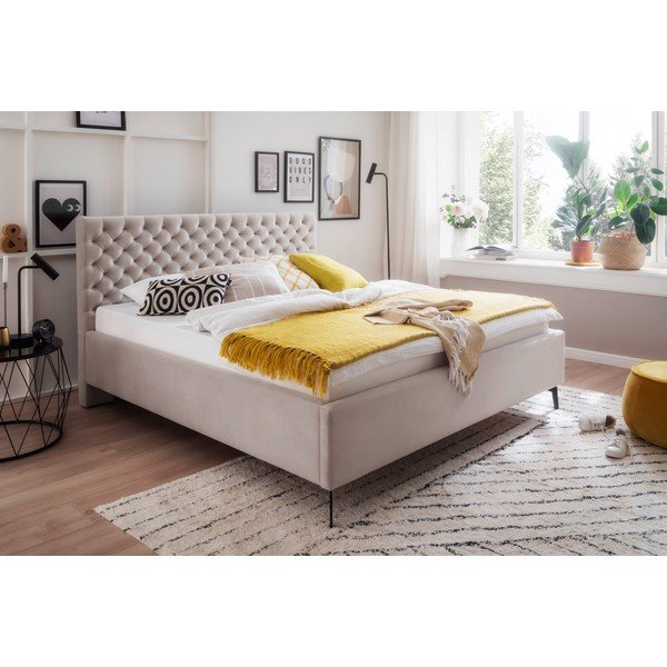 Bela/kremno bela oblazinjena zakonska postelja s prostorom za shranjevanje z letvenim dnom 180x200 cm La Maison – Meise Möbel-image-1