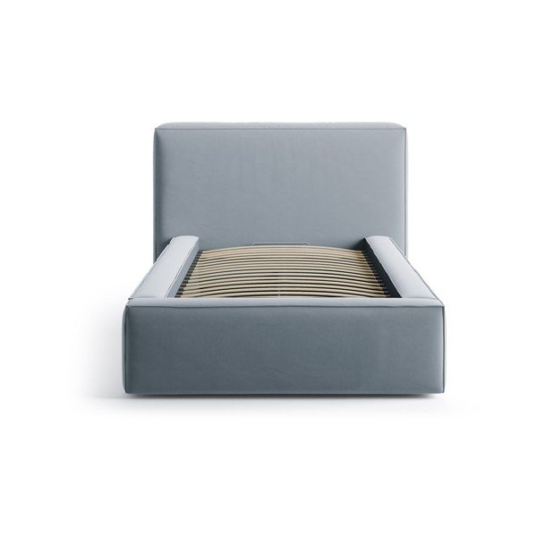 Svetlo modra oblazinjena postelja s prostorom za shranjevanje in z letvenim dnom 90x200 cm Jodie – Micadoni -image-3