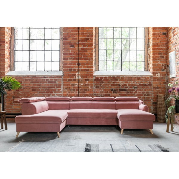 Svetlo rožnata žametna raztegljiva kotna sedežna garnitura (levi kot/v obliki črke "U") Sweet Harmony – Miuform-image-1