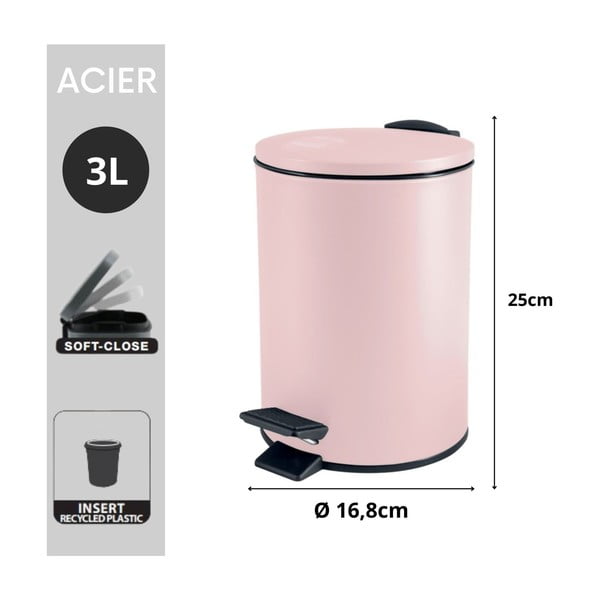 Rožnat jeklen koš za smeti s pedalom 3 l Adelar – Spirella-image-4