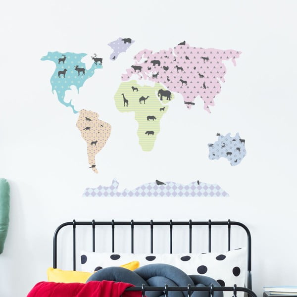 Komplet stenskih nalepk Ambiance World Map Pastel z živalmi