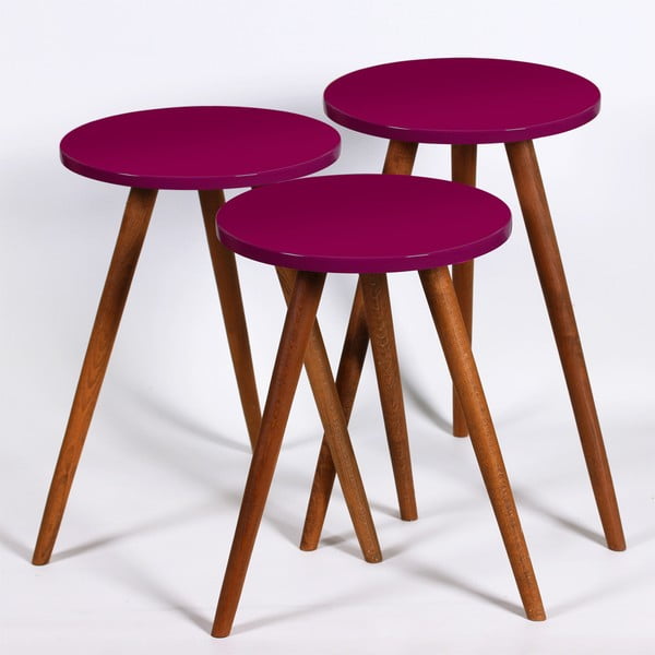 Komplet 3 temno vijoličnih okroglih stranskih mizic Kate Louise