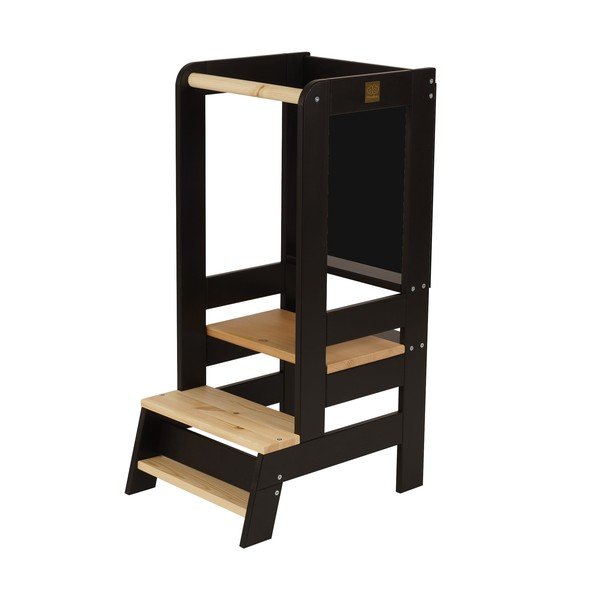 Stolček pomagalček iz masivnega bora v črni in naravni barvi Montessori – Meowbaby