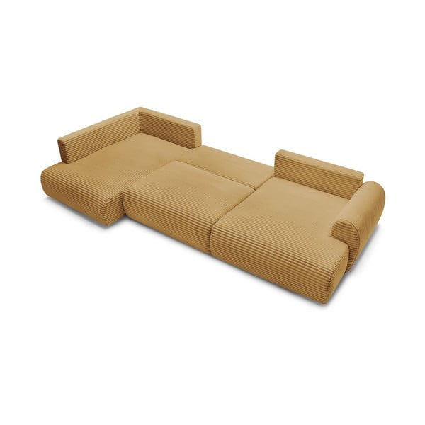 Gorčično rumena raztegljiva/s prostorom za shranjevanje kotna sedežna garnitura iz rebrastega žameta (levi kot/v obliki črke "U") Lucien – Bobochic Paris-image-4