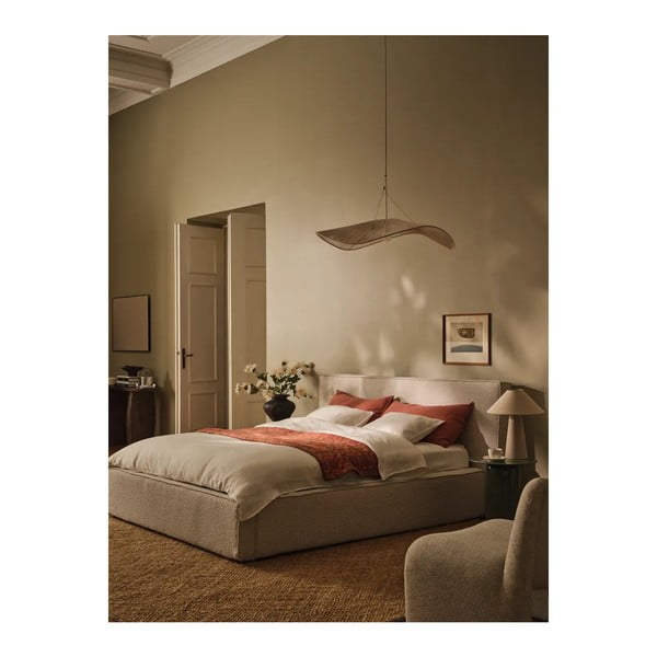Kremno bela oblazinjena zakonska postelja s prostorom za shranjevanje z letvenim dnom 140x200 cm Simon Olivia – Micadoni -image-2