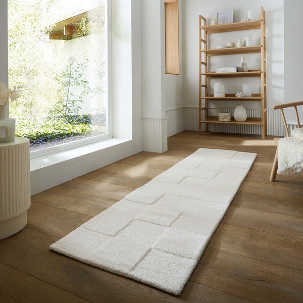 Slonokoščen ročno tkan volnen tekač 60x230 cm Checkerboard – Flair Rugs-image-1