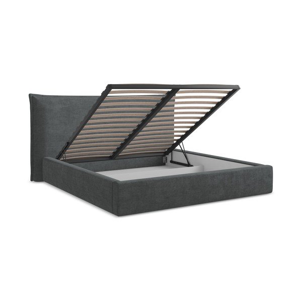 Temno siva oblazinjena zakonska postelja s prostorom za shranjevanje z letvenim dnom 160x200 cm Esala – Makamii-image-3