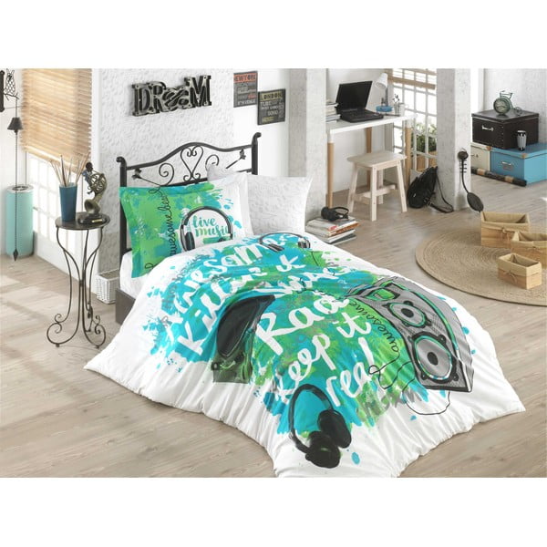 Zeleno posteljno perilo za eno osebo z rjuho Live Music, 160 x 220 cm