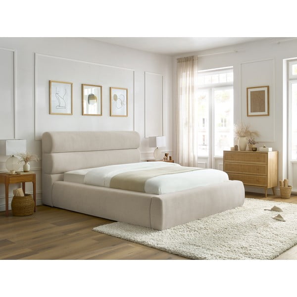 Bež oblazinjena zakonska postelja s prostorom za shranjevanje in letvenim dnom 180x200 cm Jagna – Bobochic Paris-image-3