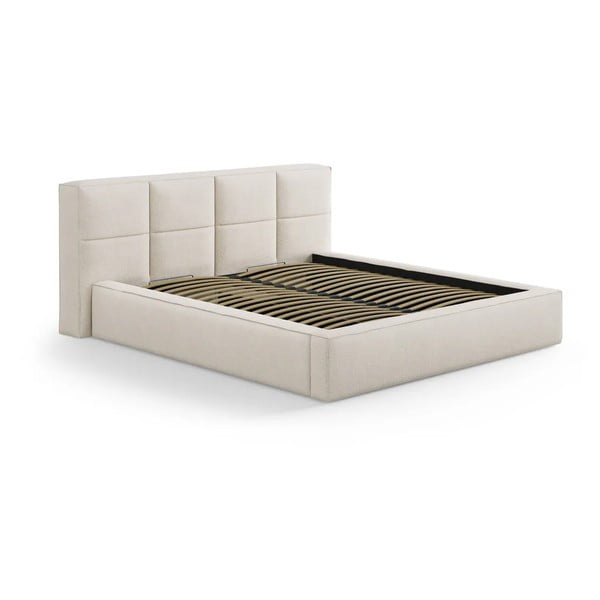 Kremno bela oblazinjena zakonska postelja s prostorom za shranjevanje z letvenim dnom 140x200 cm Simon Darren – Micadoni 