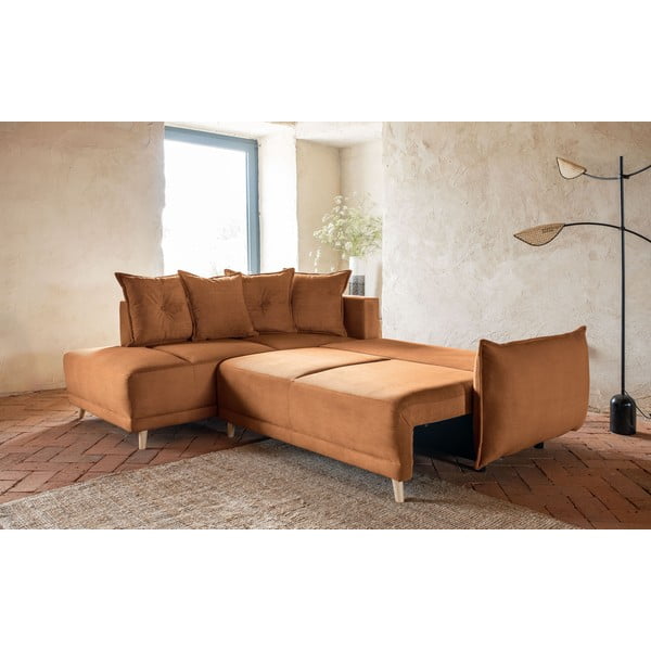 Opečnato oranžna raztegljiva kotna sedežna garnitura iz rebrastega žameta (levi kot) Lazy Lukka – Miuform-image-3