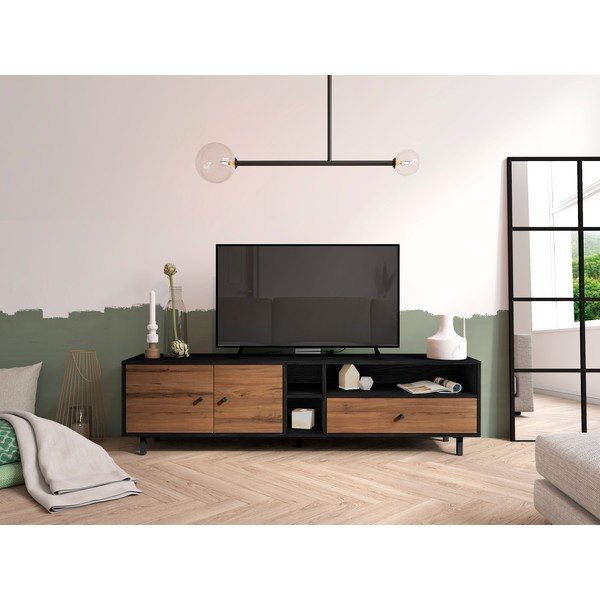 Črna/naravna TV omarica v orehovem dekorju 180x47 cm Roald – Marckeric-image-1