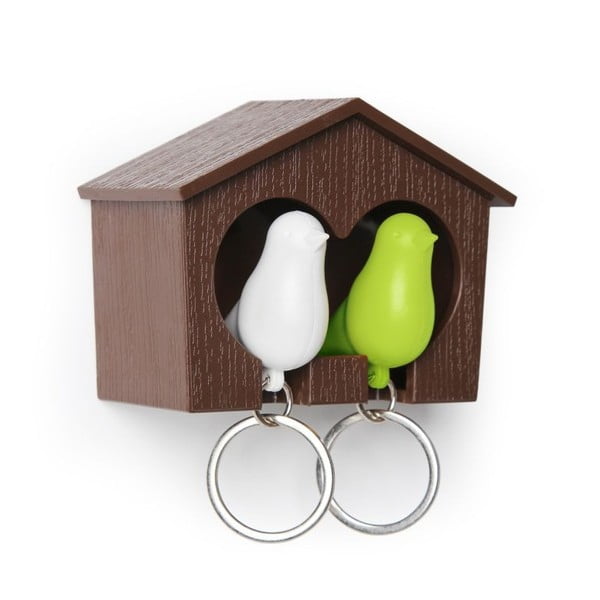 Škatlica za ključe QUALY Duo Sparrow, rjava škatla/bela+zelen obesek za ključe