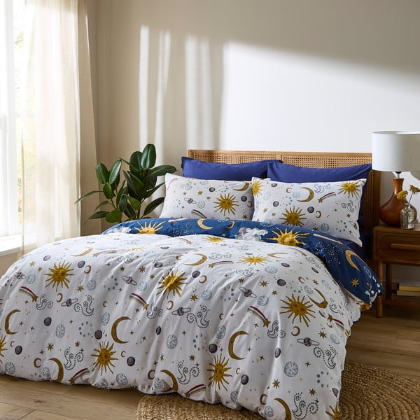 Bela/modra bombažna posteljnina za zakonsko posteljo 200x200 cm Disco Space – Their Nibs-image-2