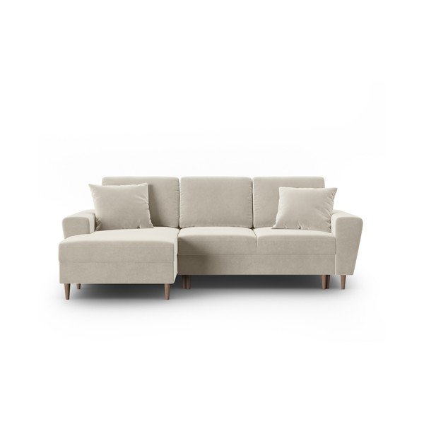 Bež žametna raztegljiva kotna sedežna garnitura s prostorom za shranjevanje (levi kot/z ležalnikom) Kyoto – Cosmopolitan Design